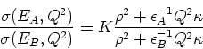 \begin{displaymath}
\frac{\sigma(E_A,Q^2)}{\sigma(E_B,Q^2)} = K \frac{\rho^2 +
\epsilon_A^{-1}Q^2\kappa}{\rho^2 + \epsilon_B^{-1}Q^2\kappa} \end{displaymath}