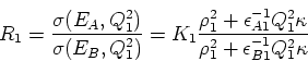 \begin{displaymath}
R_1 = \frac{\sigma(E_A, Q_1^2)}{\sigma(E_B,Q_1^2)} =
K_1\fra...
 ...n_{A1}^{-1}Q_1^2\kappa}{\rho_1^2+\epsilon_{B1}^{-1}Q_1^2\kappa}\end{displaymath}