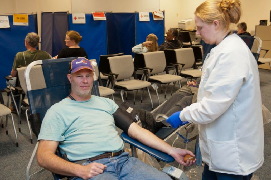 Jon Barbour prepares to give blood at the April 2013 American Red Cross Blood Drive.