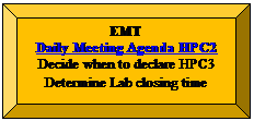 Bevel: EMT 
Daily Meeting Agenda HPC2
Decide when to declare HPC3
Determine Lab closing time
