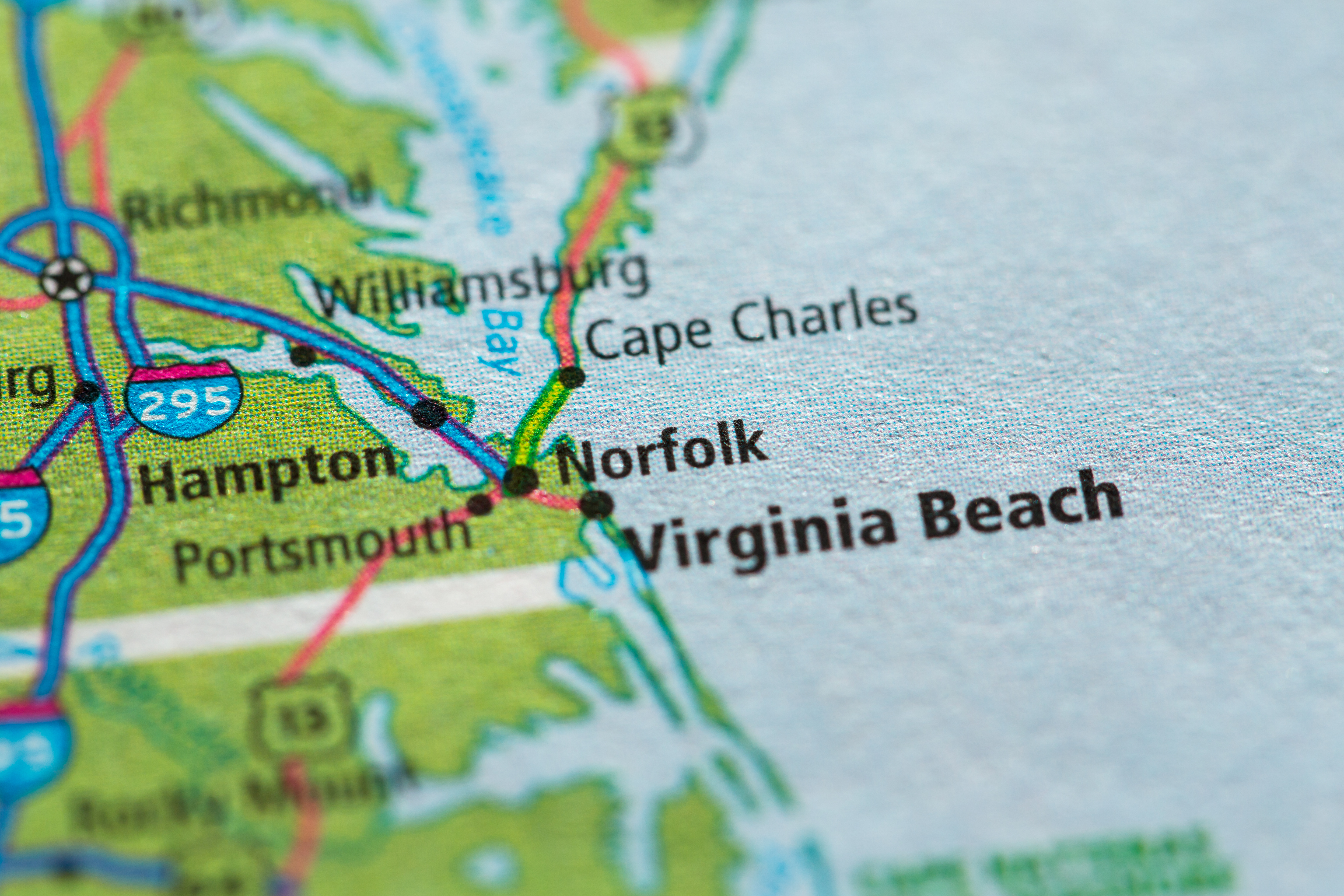 Colored road map of Virginia/North Carolina East Coasts