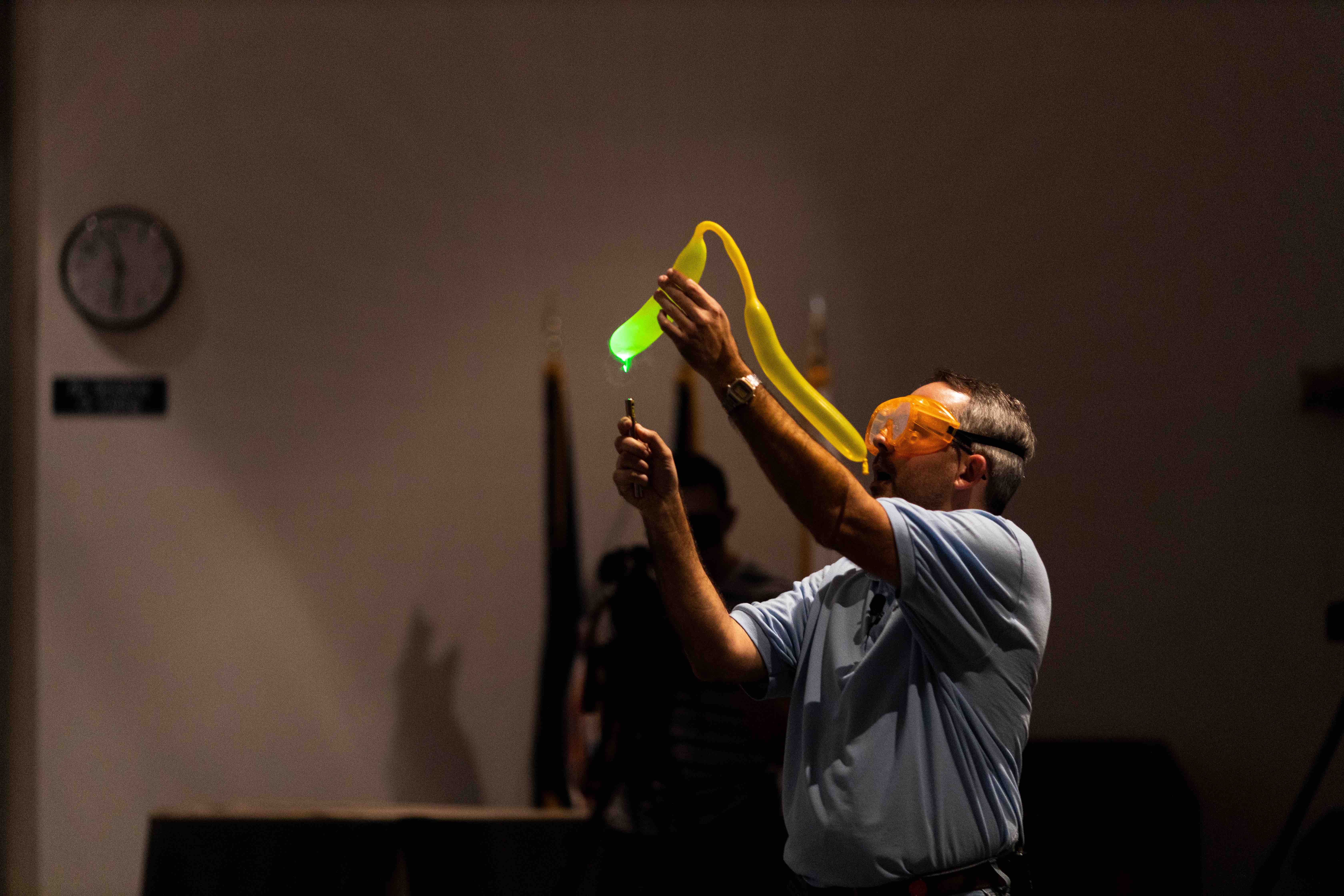 Steve Gagnon shows liquid air in a balloon that had been frozen using liquid nitrogen