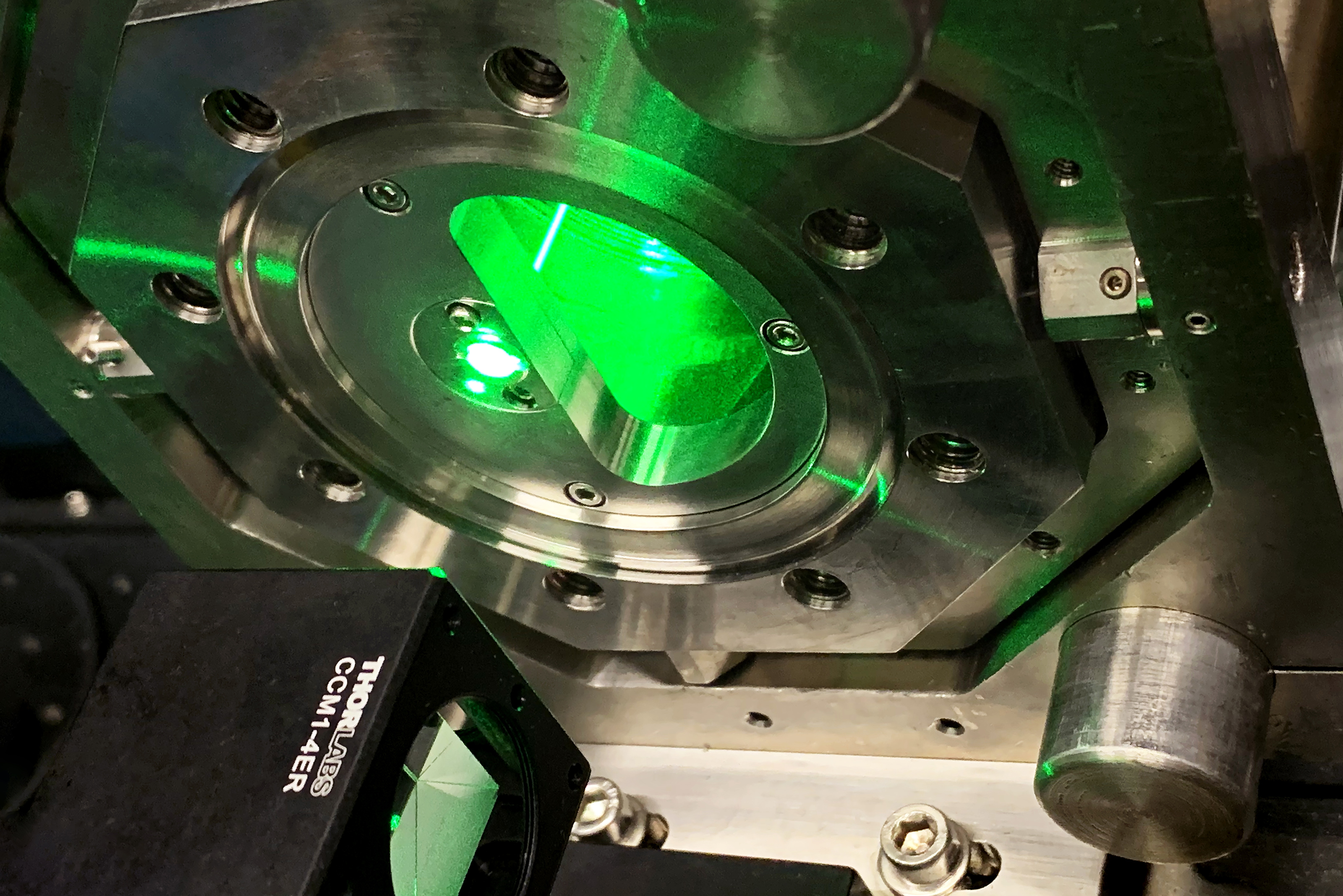 The Compton polarimeter’s green laser resonates inside a locked optical cavity during the running of the CREX experiment.
