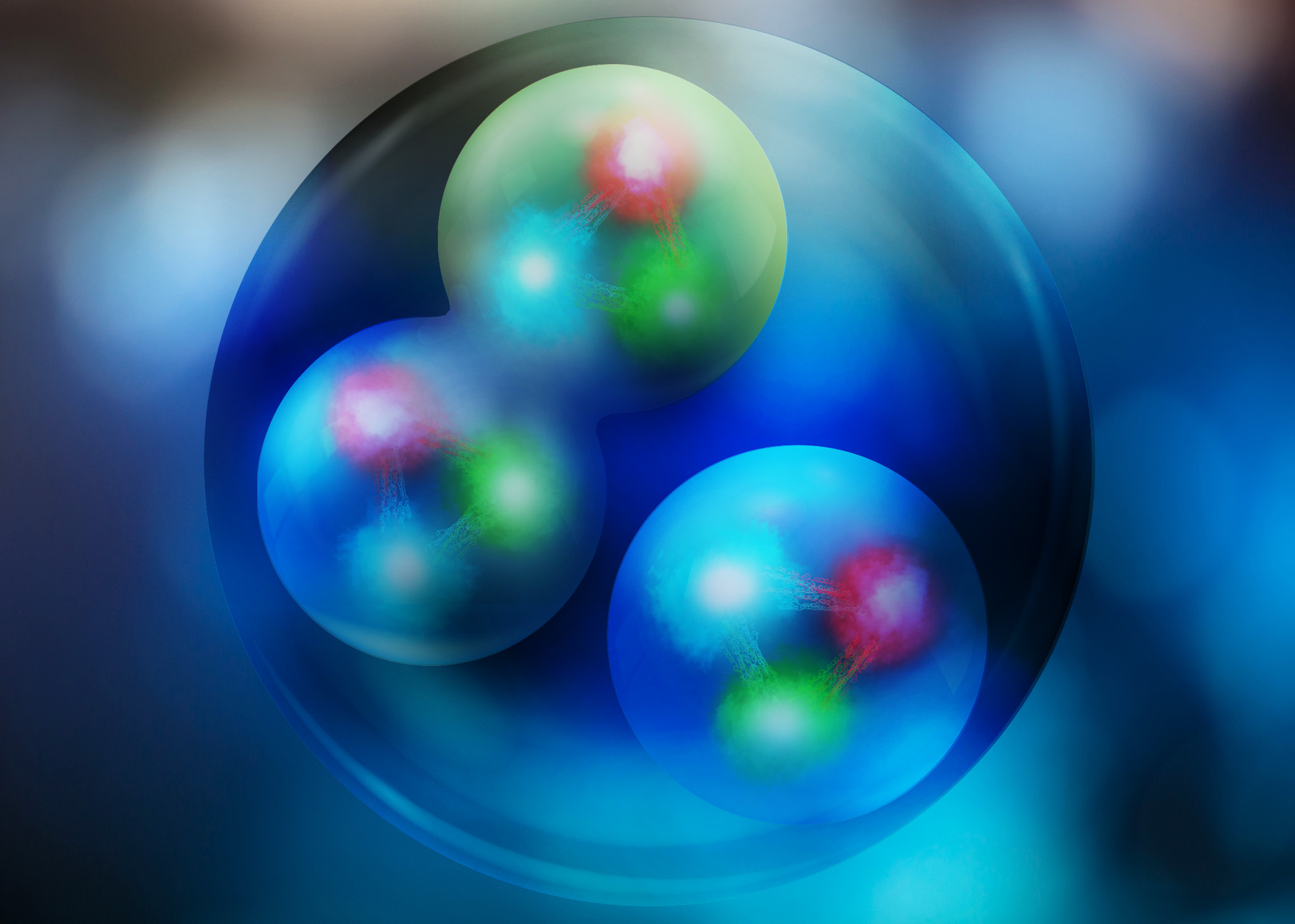 An artist's depiction of a proton-neutron short-range correlation in a helium-3 or tritium.