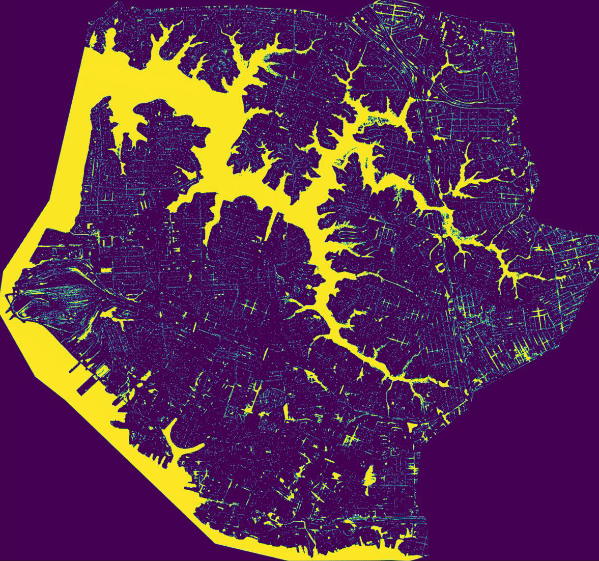 A visual representation of the studied section of Norfolk's roadway grid and surrounding waterways.