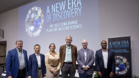 Members of Jefferson Lab Leadership help roll out the Long Range Plan for Nuclear Science, including (l-r) David Dean, Jianwei Qiu, Cynthia Keppel, Rolf Ent, Stuart Henderson and Johnathon Huff