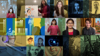 Collage of students and science related graphics