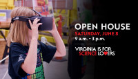 A little girl looks though virtual reality glasses on a flyer for the Jefferson Lab 2024 Open House.