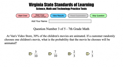A practice question from the JLab Science Education website from a 7th grade math SOL practice test.