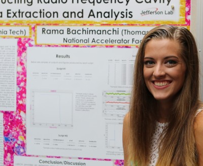Student in front of a research project poster
