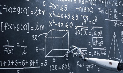 robot arm writes equations on a chalkboard