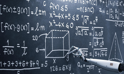 robot arm writes equations on a chalkboard
