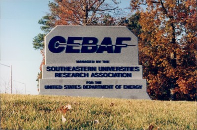 CEBAF original sign, stone with blue lettering, CEBAF