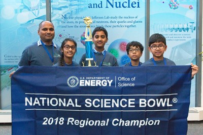 Taking home first place was the team from Rachel Carson Middle School, Herndon. Pictured, left to right is Coach Sudhir Duggineni, and team members Shruti Kamasamudram, Om Duggineni, Deccan Maniam and Srihan Kotnana